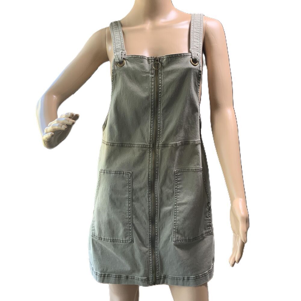 SO Olive Green Sleeveless Front Zipper Pockets Cottagecore Pinafore Dress Medium